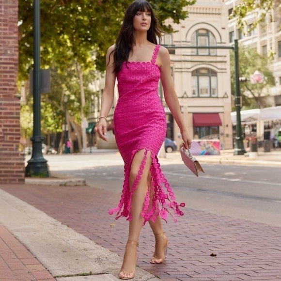 New York & Company Just Me Square Neck Circle Lace Magenta Fringe Dress - Picture 2 of 6